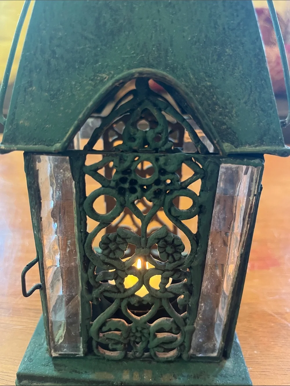 Green Decorative Metal and Glass Cathedral style tea light Lantern